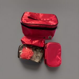 CABOODLES 7 Piece Travel Cosmetics Case Pink Satin Makeup Loofah Set